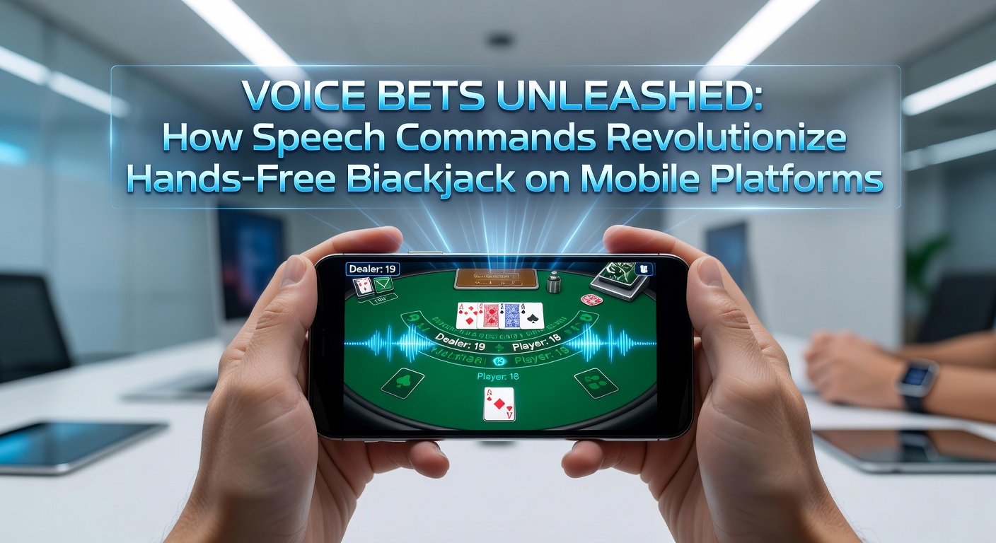 Close-up of hand holding smartphone with voice waveform graphic and blackjack cards on screen