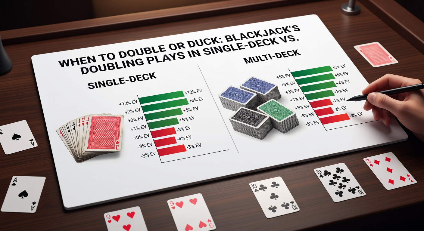 Strategy chart comparison for doubling in single-deck versus six-deck blackjack, highlighting key differences on 9, 10, and 11